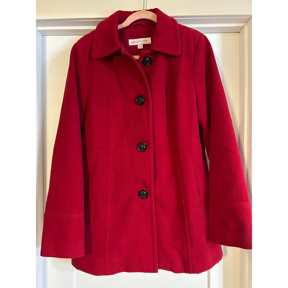 Liz‎ Claiborne Women Red Button Front Coat Jacket Large Winter Tailored Classic
